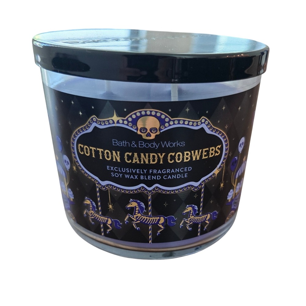 Bath & Body Works Cotton Candy Cobwebs 3-Wick Halloween Candle 14.5oz Purple Wax